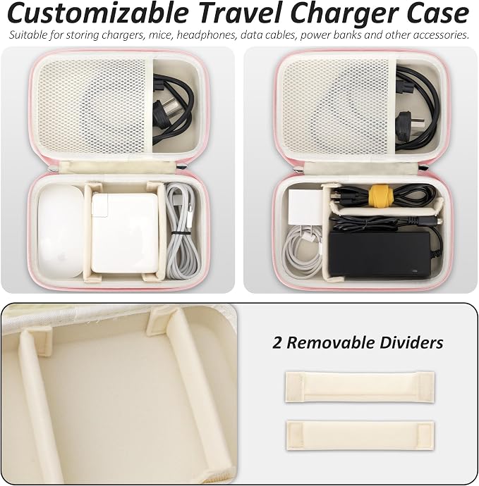 Portable Charger Case, Tech Pouch Travel Organizer, XL, Pink | Hard Shell Electronic Storage for MacBook Power Adapter, Magic Mouse, Charging Cords, Power Bank Laptop Accessories - Image 4