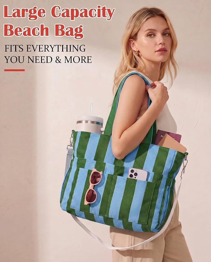 Kacctyen Striped Beach Tote Bag for Women Large Beach Foldable Tote Bag with Zipper Pockets for Travel Pool - Image 4