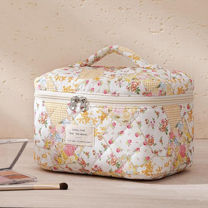 HBselect Quilted Makeup Bag, 3Pcs Cotton Large Travel Makeup Bags Organizer | Cute Floral Make up Bag Cosmetic Bag Toiletry Bag for Women Girls, Makeup Pouch for Skincare, Brushes & Travel Essentials - Image 6