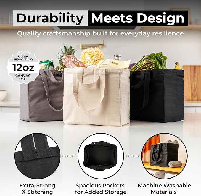 VeraMia Canvas Grocery Bag 3pc XL Set with Real Pockets, Long Shoulder Strap and Short Handle. Heavy Duty, Foldable, Washable - Image 4