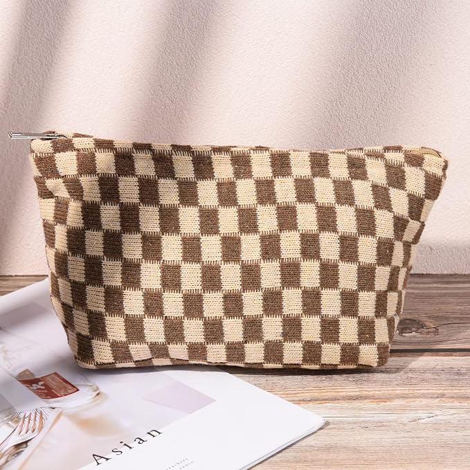 SOIDRAM 2 Pieces Makeup Bag Large Checkered Cosmetic Bag Capacity Canvas Mix Travel Toiletry Bag Organizer Cute Makeup Brushes Aesthetic Accessories Storage Bag for Women, Checkered Mix Brown - Image 7