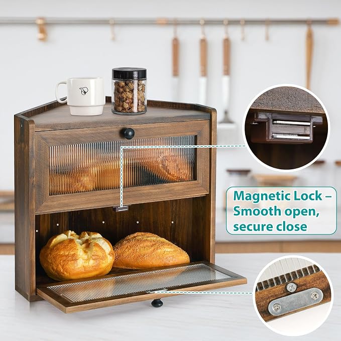 Sunhoo Bread Box for Kitchen Countertop Corner Large Wooden Bread Bin 2 Tier Rustic Food Storage Container with Acrylic Window Farmhouse Keeper Shelf Organizer for Loaves Pastries & Snacks (Brown) - Image 8