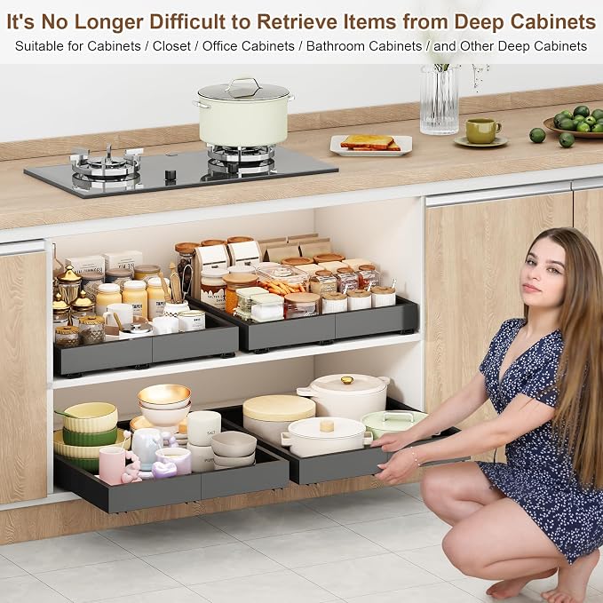 Fokyfok Pull out Cabinet Organizer,14"-21"W,17"-24"D,Expandable,Adhesive | No Drill,3 Rails,Adjustable Slide out Drawers for Kitchen,Pantry,Roll out Shelves,for Cabinets Without Lip,Bathroom,Black,1PC - Image 6