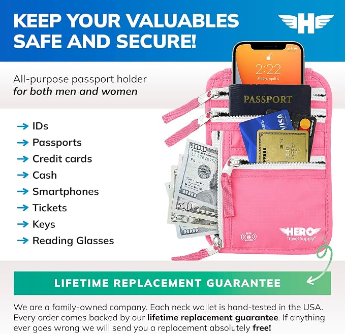 HERO Neck Wallet - RFID Blocking Passport Holder, Easy to Conceal Travel Pouch (Hot Pink) - Image 2