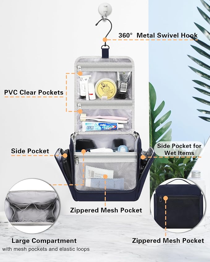 Relavel Hanging Toiletry Bag for Men, Travel Toiletries Bag Water-resistant Large Makeup Cosmetic Organizer Storage, Shaving Dopp Kit Shower Bathroom Hygiene Bags Travel Essentials (Navy Blue) - Image 2