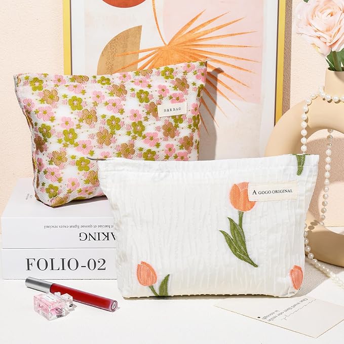 SOIDRAM 2 Pieces Flower Makeup Bag Large Floral Cosmetic Bag Capacity Canvas Travel Toiletry Bag Organizer Cute Makeup Brushes Aesthetic Accessories Storage Bag for Women, Embossed flower L White Pink - Image 2