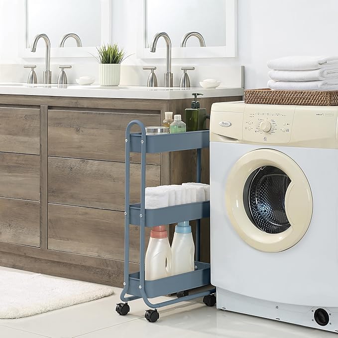 SunnyPoint Slim Rolling Storage Cart, 3 Tier Bathroom Storage Organizer Bathroom, Laundry Utility Cart (Blue) - Image 3