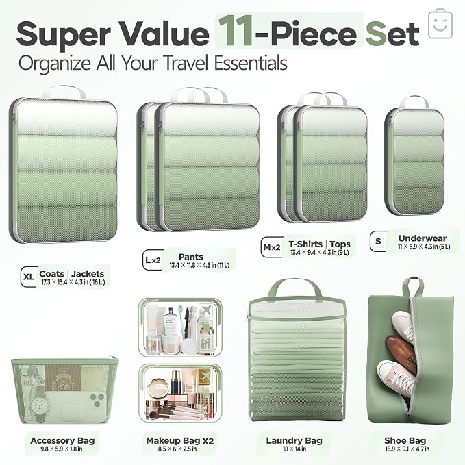 Veken 11 Set Compression Packing Cubes Garment Bags for Travel Essentials,Compressible Expandable Luggage Organizer Bags for Clothing,Space Saver Bags with Over 1000 pcs of Mesh Holes(Matcha Green) - Image 2