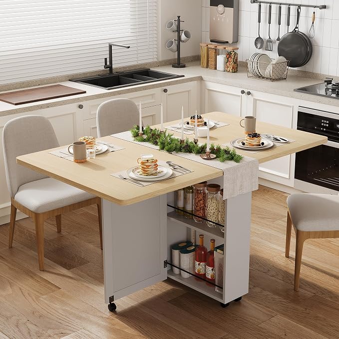 Garvee Folding Dining Table with Storage, Folding Kitchen Table with 6 Wheels, Drawer & Shelves, Compact Dining Table for Small Spaces - Image 3