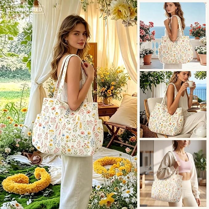 Corduroy Tote Bag for Women,Large Capacity Cute Tote Bags With 6 Pockets,Crossbody Shoulder Handbag for Work Travel Gym - Image 2