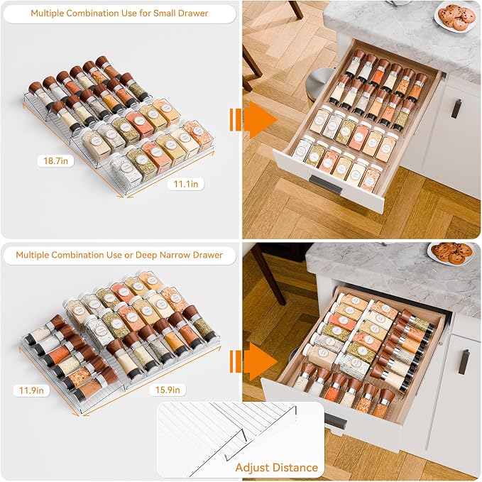 8 Pack Adjustable In Drawer Spice Organizer - Expandable From 11'' to 22'' - Acrylic Drawer Seasoning Organizer,Clear Spice Organization Tray for Cabinet Drawers Condiment,Nail Polish and Jar - Image 5