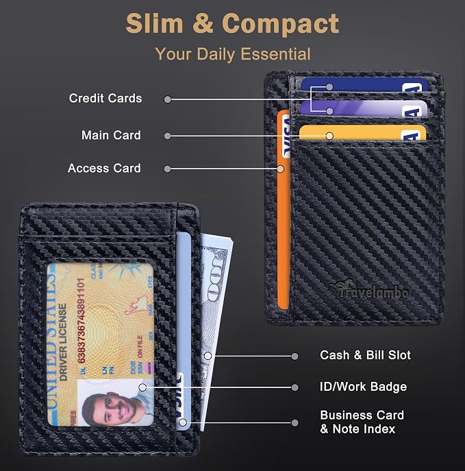 Travelambo Slim Wallet Front Pocket Minimalist Leather RFID Blocking Medium Size (Carbon Fiber Black) - Image 4