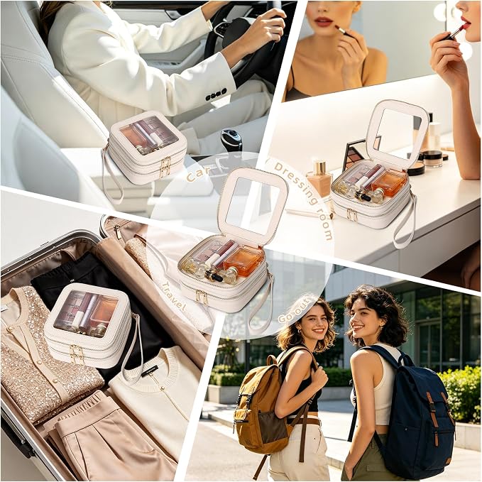 Pinkmik Double Layer Makeup Bag (Beige, 2-Layer MINI) | Small Clear Makeup Pouch, Mini Travel Cosmetic & Toiletry Bag, Purse Organizer, Car Essentials for Women - Image 6