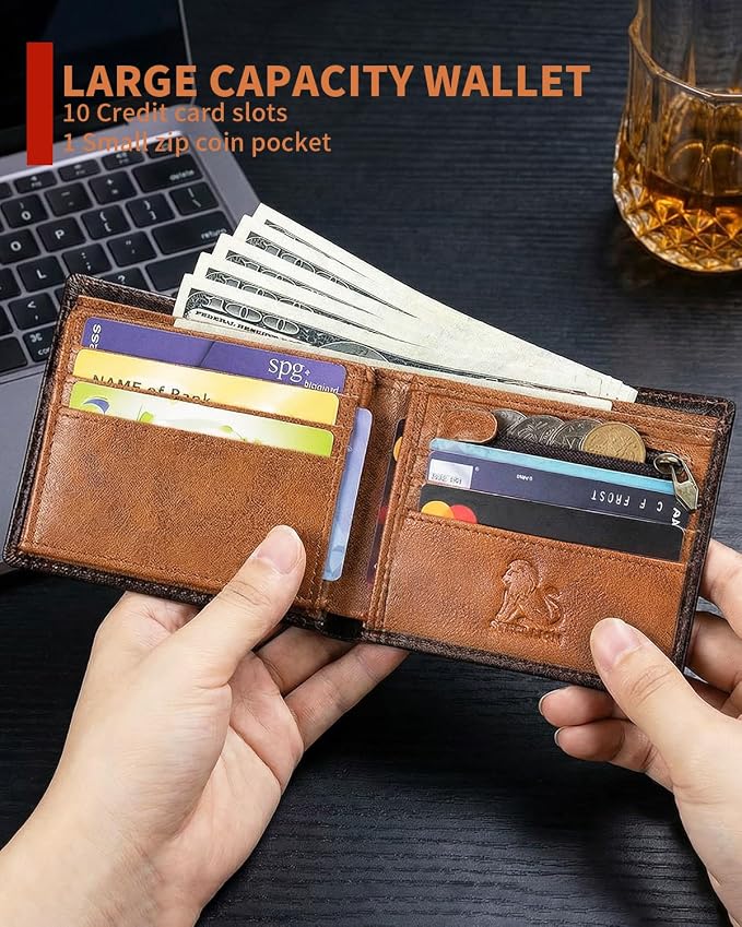 Men's Cowhide Leather RFID Wallet, Slim Bifold (Brown) | 2 Clear ID Windows, 10 Card Slots, Zipper Coin Pocket, Gradient Finish for Business, Travel, Daily Carry and Gifts - Image 5