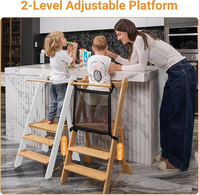 COSYLAND Toddler Standing Tower Foldable Toddler Kitchen Step Stool | Adjustable Height Folding Step Stool for Kids Learning & Cooking - Ages 18 Months to 6 Years with Safety Net Natural & White - Image 4