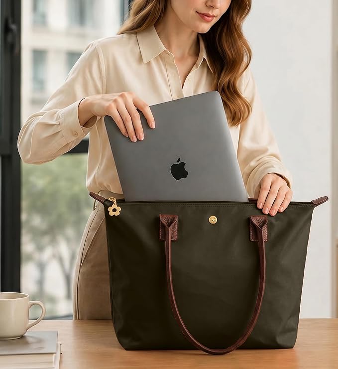Nylon Tote Bag for Women, Lightweight Foldable Shoulder Tote with Zipper, Large Work Travel Bag for Everyday Use - Image 3