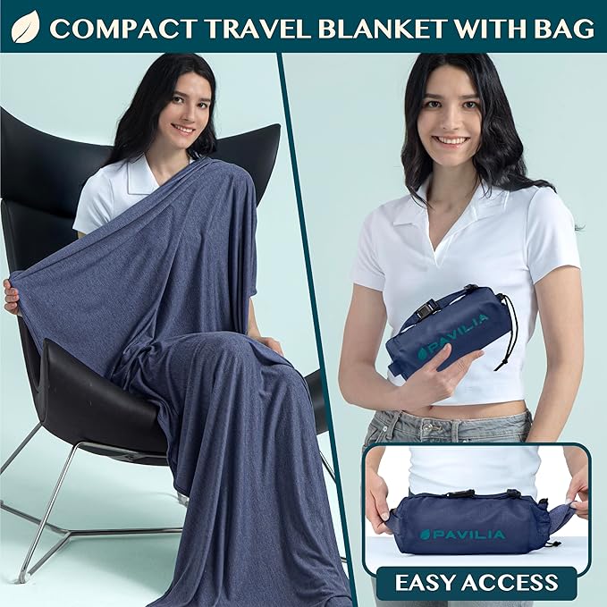 PAVILIA Travel Blanket Airplane Compact with Bag Lightweight, Navy Blue | Soft Fleece Plane Long Flights, Camping Road Trips, Packable Traveler Gift Essentials with Luggage Backpack Strap, 65x40 - Image 2