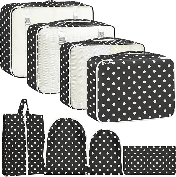 Packing Cubes for Travel - 8 Set Luggage Organizer Bags for Family, Mesh Breathable Packing Cubes for Suitcases Durable Travel Essentials Bags Set (White Polka Dots) by YEEYAA