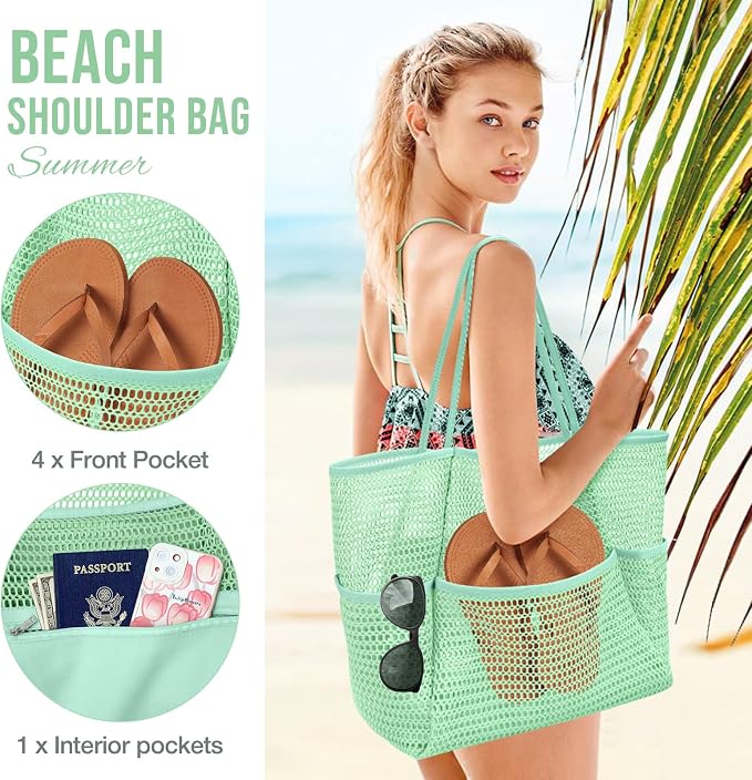 KPX Beach Bag with Mini Pocket, Summer Beach Tote Bags for Women Large Foldable Mesh Swimming Pool Travel Bags - Sandproof - Image 3