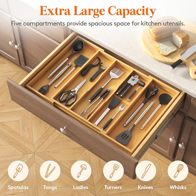Lifewit Bamboo Utensil Organizer for Kitchen Drawer, Cooking Utensil Tray | Expandable Cutlery Silverware Flatware Holder, Wood Adjustable Spatula Tools Storage Divider, 15.6-28 x 18.5", Natural - Image 4