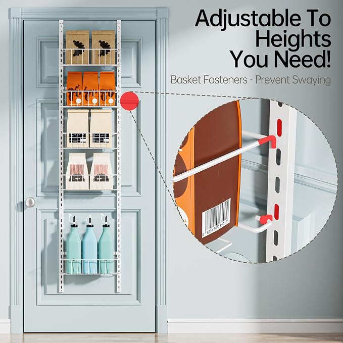 Delamu Pantry Door Organizer, Adjustable Metal Over the Door Pantry Organizer Rack, 6-Tier Over the Door Spice Rack, Kitchen Pantry Door Organizers and Storage, D5 W12 H52.1 inch, White, Small - Image 2