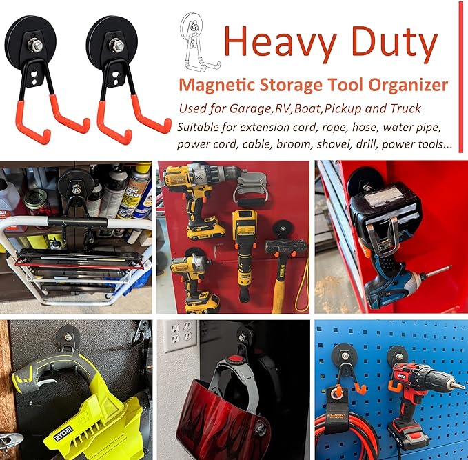 ULIBERMAGNET Heavy Duty Magnetic Garage Hook,10 Pack Strong Large Magnet Hooks for Power Drill,Garden Tools,Hose,Pegboard,Garage, Workshop,Magnetic Storage Hooks for Indoor Outdoor Hanging(Orange) - Image 5