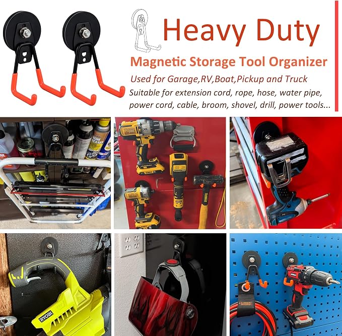 ULIBERMAGNET Heavy Duty Magnetic Garage Hooks,6 Pack Strong Large Magnet Hooks for Power Drill,Garden Tools,Hose,Pegboard,Garage, Workshop,Magnetic Storage Hook for Indoor Outdoor Hanging(Orange) - Image 6