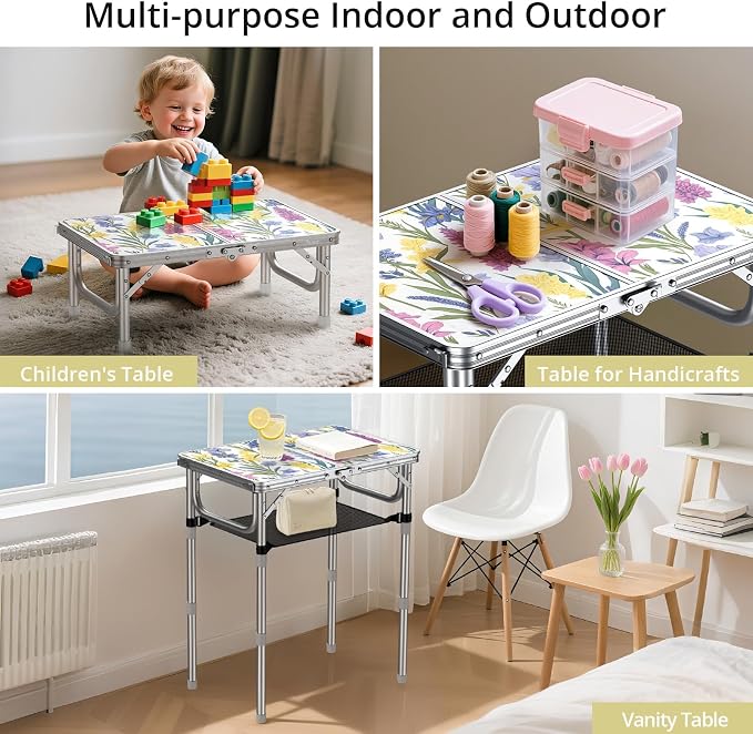 Anbte 2ft Small Folding Table, 3 Adjustable Height for Camping, 24" x 16" | Folding Camping Table with Storage Net, Lightweight & Portable with Carry Handle, for Outdoor Indoor Camping Beach RV, Floral - Image 6