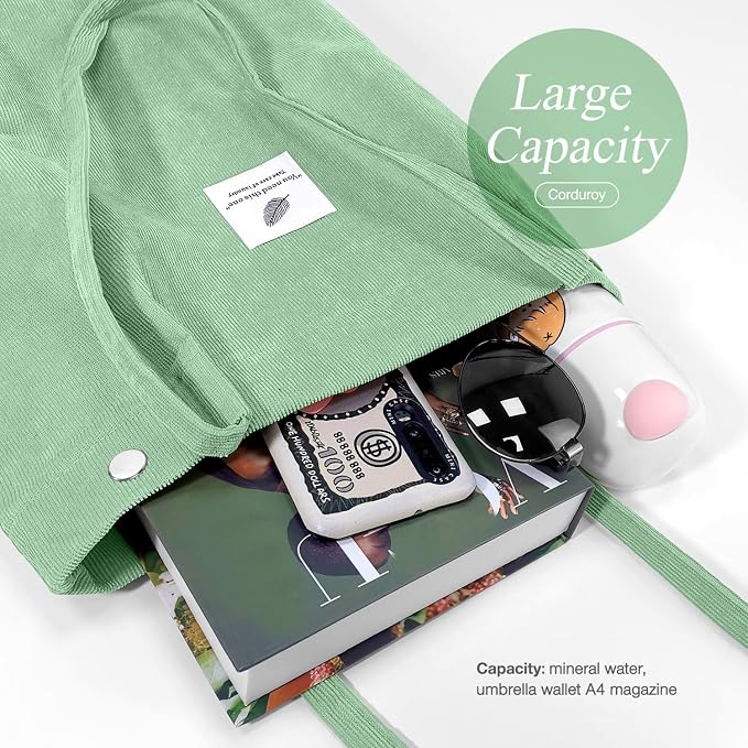 LHMTQVK Corduroy Tote Bags for Women, Large Capacity Tote Purse Reusable Grocery Shoulder Bag with Inner Pockets - Image 4