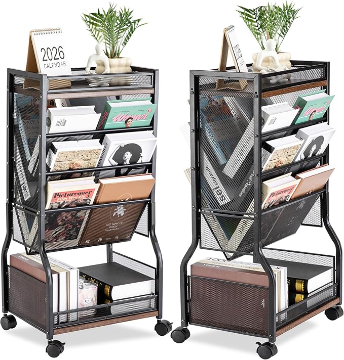 8-Tier Rolling Book Cart with Lockable Wheels, Double-Sided Storage Bookshelf for Narrow Spaces, Mobile Organizer Cart for Office, Library and Home by Beramon