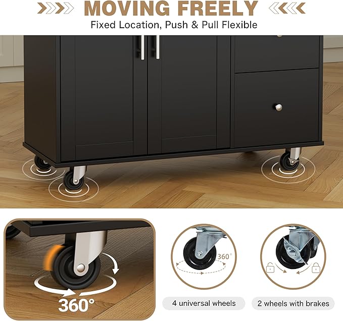 Shintenchi Kitchen Island with Folding Drop Leaf, Rolling Island Table with Storage, Kitchen Cabinet on Wheels with Seating Area for Kitchen, Bar Cart with Cabinet, Black - Image 5