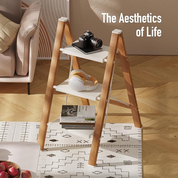 Mayi Plus 3 Step Stool Foldable, Aluminum, Lightweight Step Ladder | Extra-wide anti-slip folding steps with 330 lbs, for home,kitchen,office,outdoor,White & Woodgrain. - Image 3