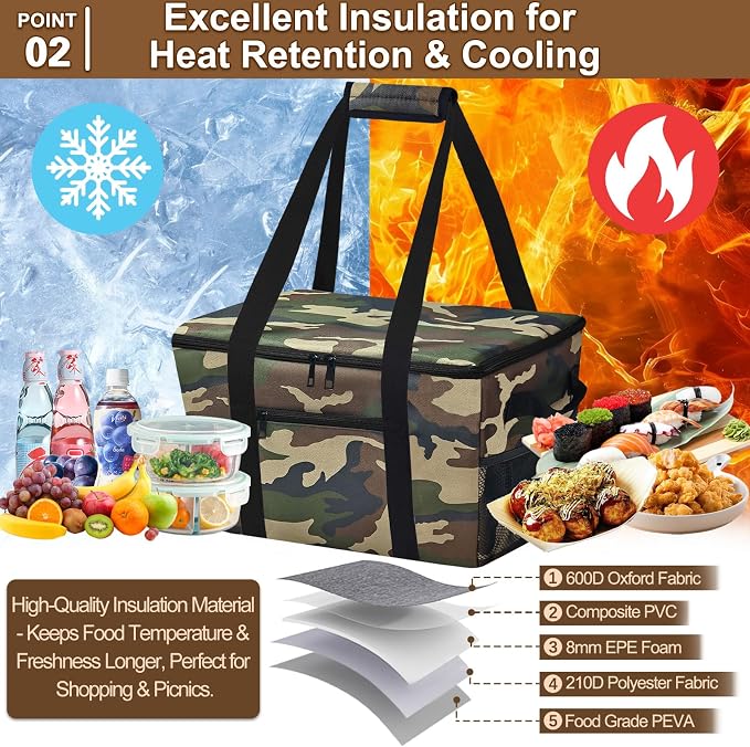 Reusable Grocery Bag – Expandable Insulated Cooler Bag with Bottom Board, Collapsible Insulated Shopping Bag with Zipper & Drawstring, Heavy Duty Tote Bag for Shopping, Delivery, Picnic, Beach - Image 2