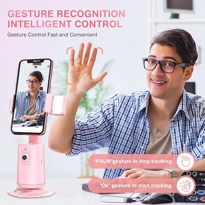 Auto Face Tracking Tripod 360° Rotating Cell Phone Photo and Video Kits Stand, No App, Camera Stand with Remote and Gesture Control, Rechargeable Smart Shooting Stand for Live Recording Tiktok（Pink） - Image 2