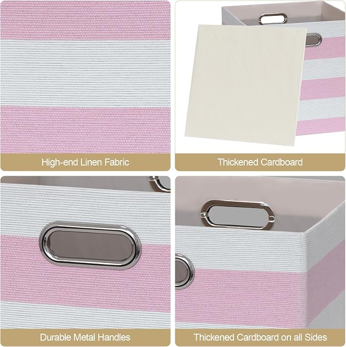 Posprica Storage Bins Storage Cubes,13×13 Collapsible Storage Boxes Containers Organizer Baskets for Nursery,Office,Closet,Shelf - 4pcs,Pink-white Striped - Image 3