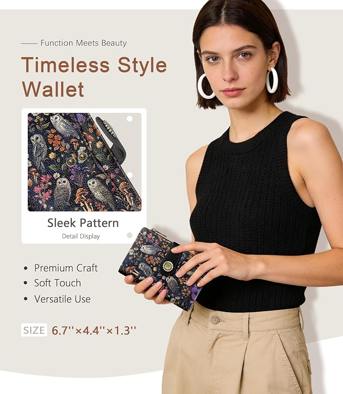 Owl Wallet Women RFID Bifold, Passport Holder, Credit Card Holder | 6.7" x 4.4" x 1.3" Bifold, Travel billfold, Zipper Pocket, PU Leather Clutch, Purse, ID Window, Pen Holder, Gift Ladies Girl - Image 2