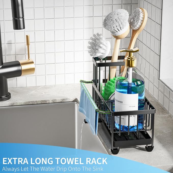 Cisily Sponge Holder for Kitchen Sink, Sink Caddy Organizer with High Brush Holder, Kitchen Countertop Organizers and Storage Essentials, Rustproof 304 Stainless Steel (Black with Towel Rack, 9.25″) - Image 2