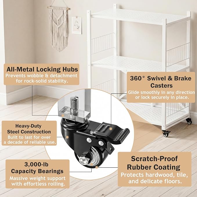 Folding Storage Shelves No Assembly, 3 Tier Foldable Shelves with Wheels, Collapsible Rolling Storage Rack for Pantry Laundry Room Small Spaces, White - Image 4