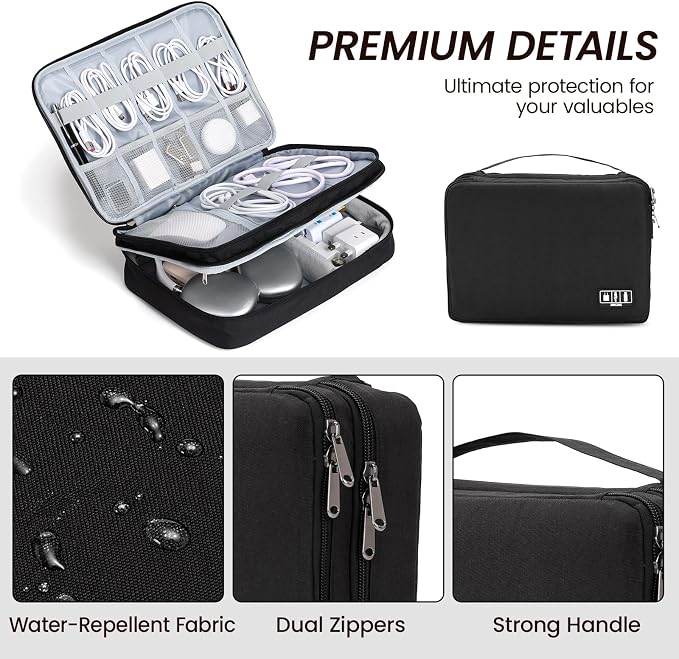 Electronic Organizer Travel Case, Double Layer Cable Organizer Bag | Double-layer design with adjustable dividers, mesh pockets and elastic loops for chargers, cables, power banks and gadgets - Image 3