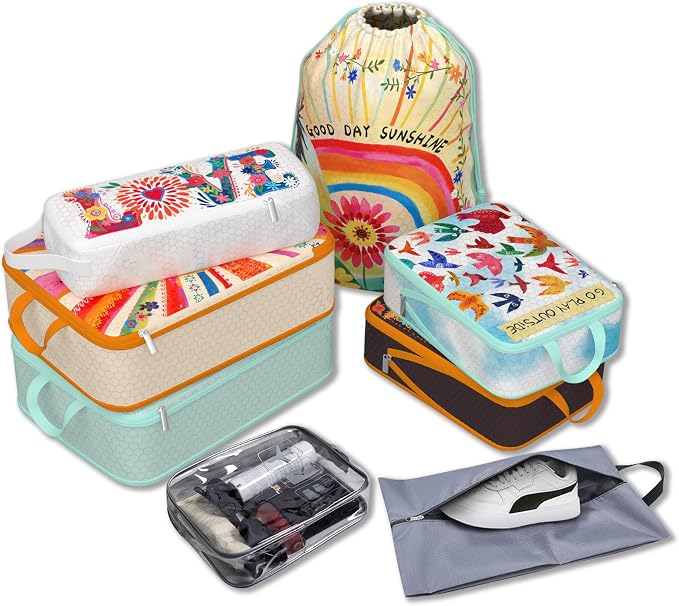 Compression Packing Cubes for Travel, 8 Set Natural Life Luggage Organizers, Waterproof Expandable/Compression Bags Bohemia Travel Packing Cubes with Clear Toiletry Bag and Shoe Bag - Image 6