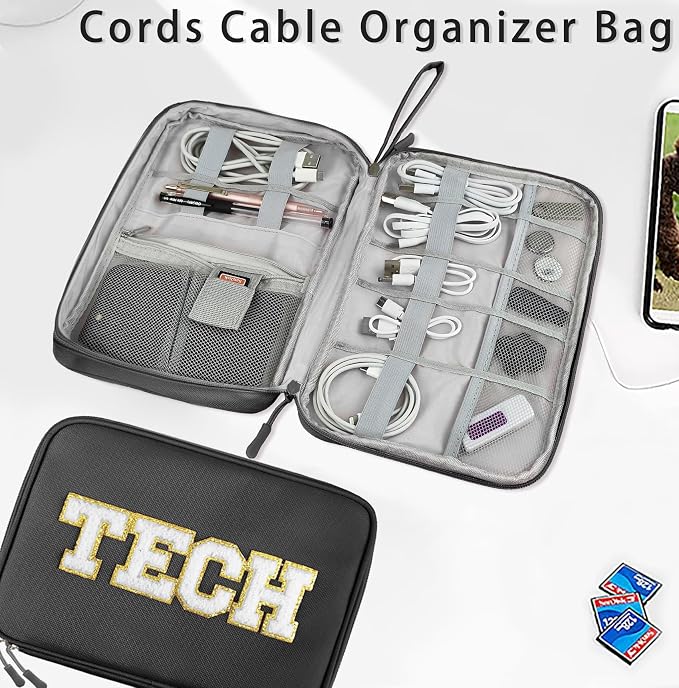COSHAYSOO Electronics Bag Case Cable Cords Organizer Travel Essentials for Women College Teen Girls Vacation Dorm Accessories Preppy Personalized Gift (Large Black) - Image 3