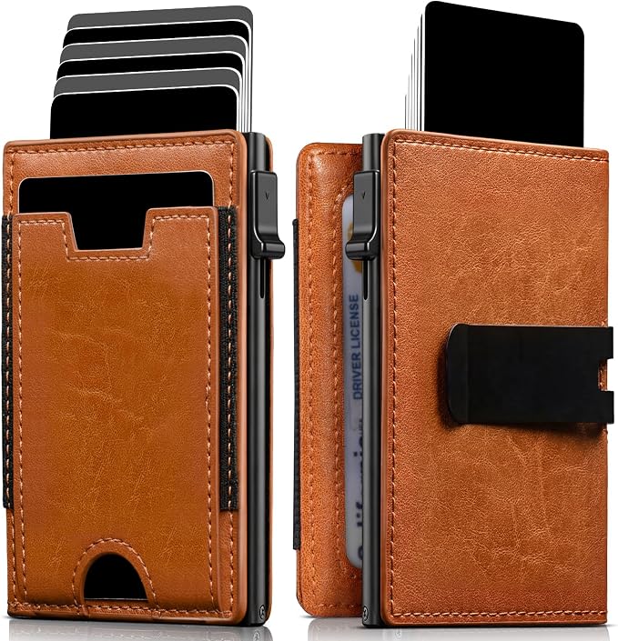 iwantit Slim Wallet for Men Card Holder: Minimalist RFID Blocking Wallet for 8-10 Cards - Smart Pop Up Card Case with Detachable Money Clip - Premium Leather Cardholder, Gift Boxed (Chestnut) by IWANTIT
