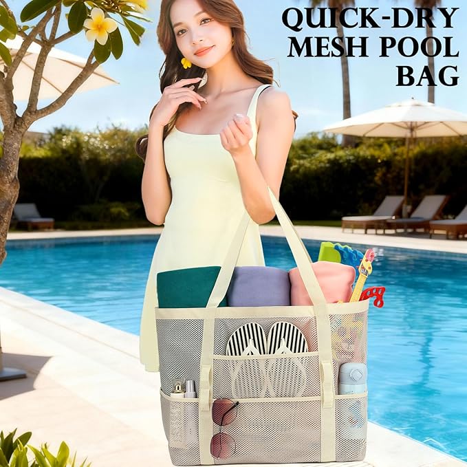 Fammart Mesh Beach Bag for Women, Large Beach Toy Pool Bag with Zipper Pocket, SandProof Cruise Essentials 2026 Family Travel - Image 2