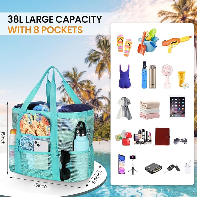 Tavaleu Mesh Beach Bag, Large Capacity Beach Tote, Multi Pockets, Sandproof | Mesh Material, Multiple Storage Pockets, Lightweight & Foldable Design, For Beach & Pool Use, Easy to Clean & Quick Dry - Image 3