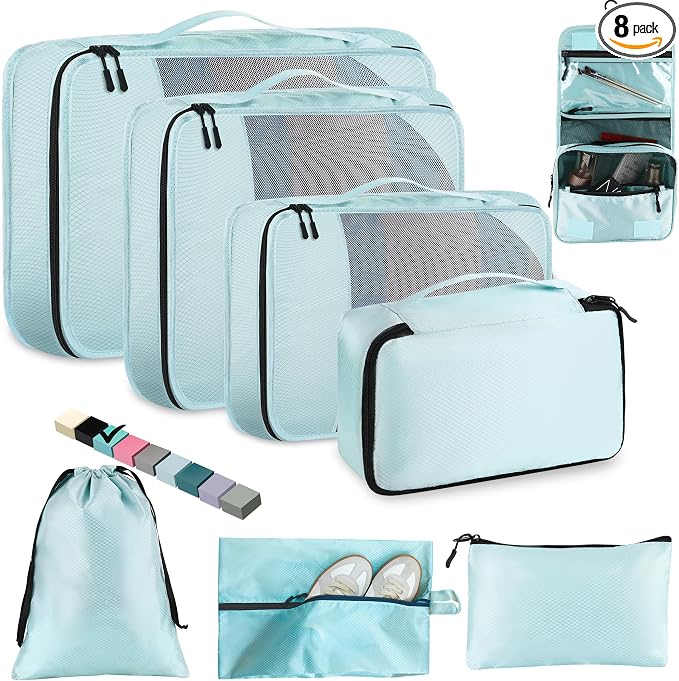 Toncoke 8-Piece Packing Cubes for Travel, 2026 Upgraded Durable Zippers & Reinforced Mesh, Complete Luggage Organizer Set with Shoe/Toiletry/Laundry Bags, 4 Sizes for Suitcase, Men Women, Lake Blue by Unknown