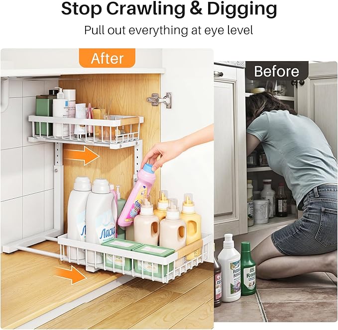 PXRACK Under Sink Organizer, Adjustable Height, 2 Tier Pull Out Under Cabinet Organizer, Slide Out Thickened Metal Under Sink Storage for Kitchen Bathroom Laundry Pantry Cabinet, White, Small-2-Pack - Image 4