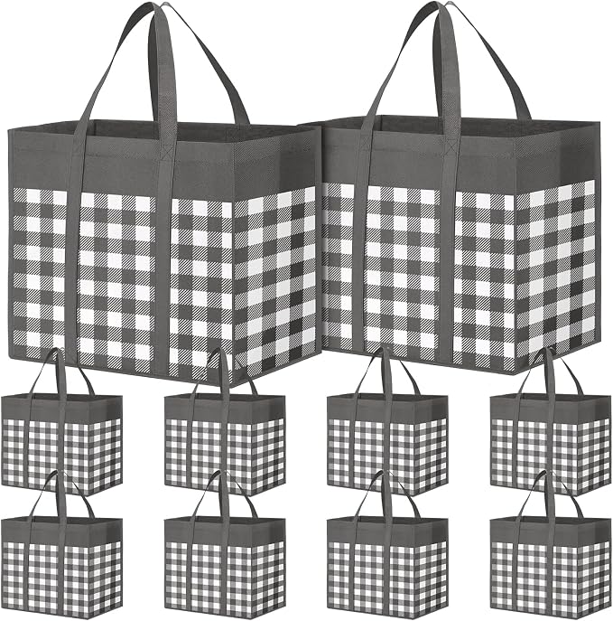 WOWBOX Reusable Grocery Bags,10-Pack, Foldable Reusable Shopping Tote Bags bulk with Reinforced Handles,Large Storage Bags with Water Resistant Coating for Groceries,Multipurpose,Grey-White by WOWBOX