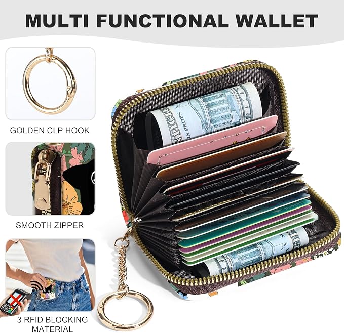 Credit Card Holder for Women,Small Rfid Wallet with Keychain Zipper,Cute PU Leather Card Case Wallet，Accordion Credit Card Wallets Gift,Colorful Flowers and Cats - Image 2