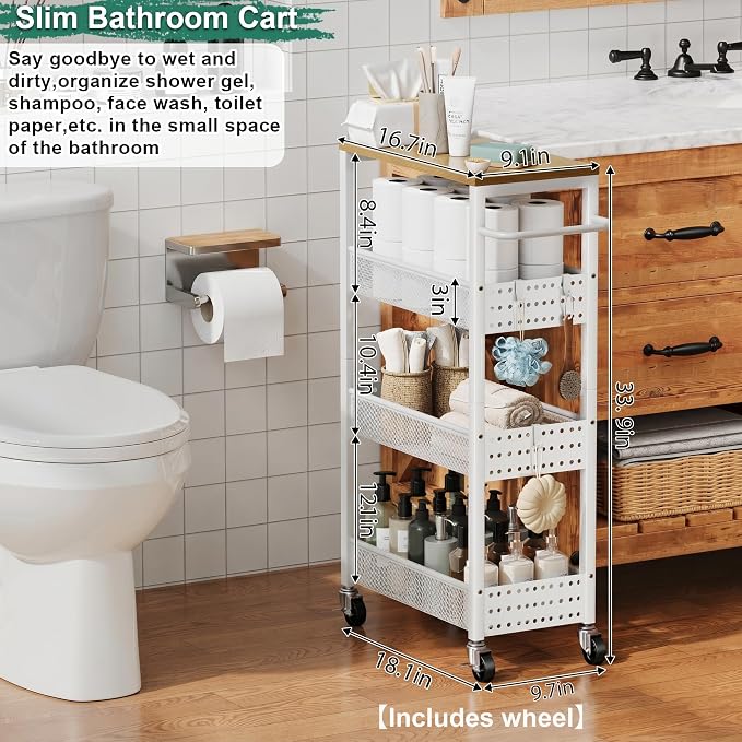 Laundry Room Slim Rolling Cart with Wheels for Between Washer and Dryer Gap | Utility Narrow Laundry Room Organization and Storage Shelves, White Skinny Shelf with Table Top,Detergent Organizer Cabinet - Image 3