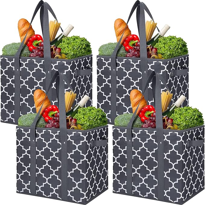 Reusable Grocery Bags 4Pack Foldable Washable Large Storage Bins, Dark Grey | Water Resistant Shopping Tote Bag Bins by WiseLife